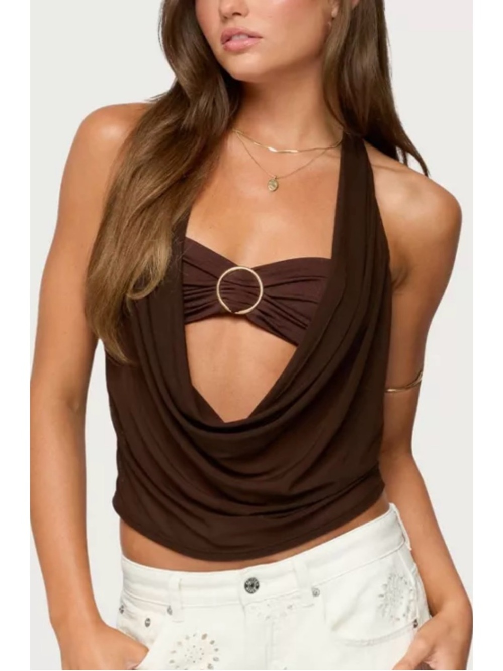 Edikted Brown Drape Halter Tank Top with Ring Detail